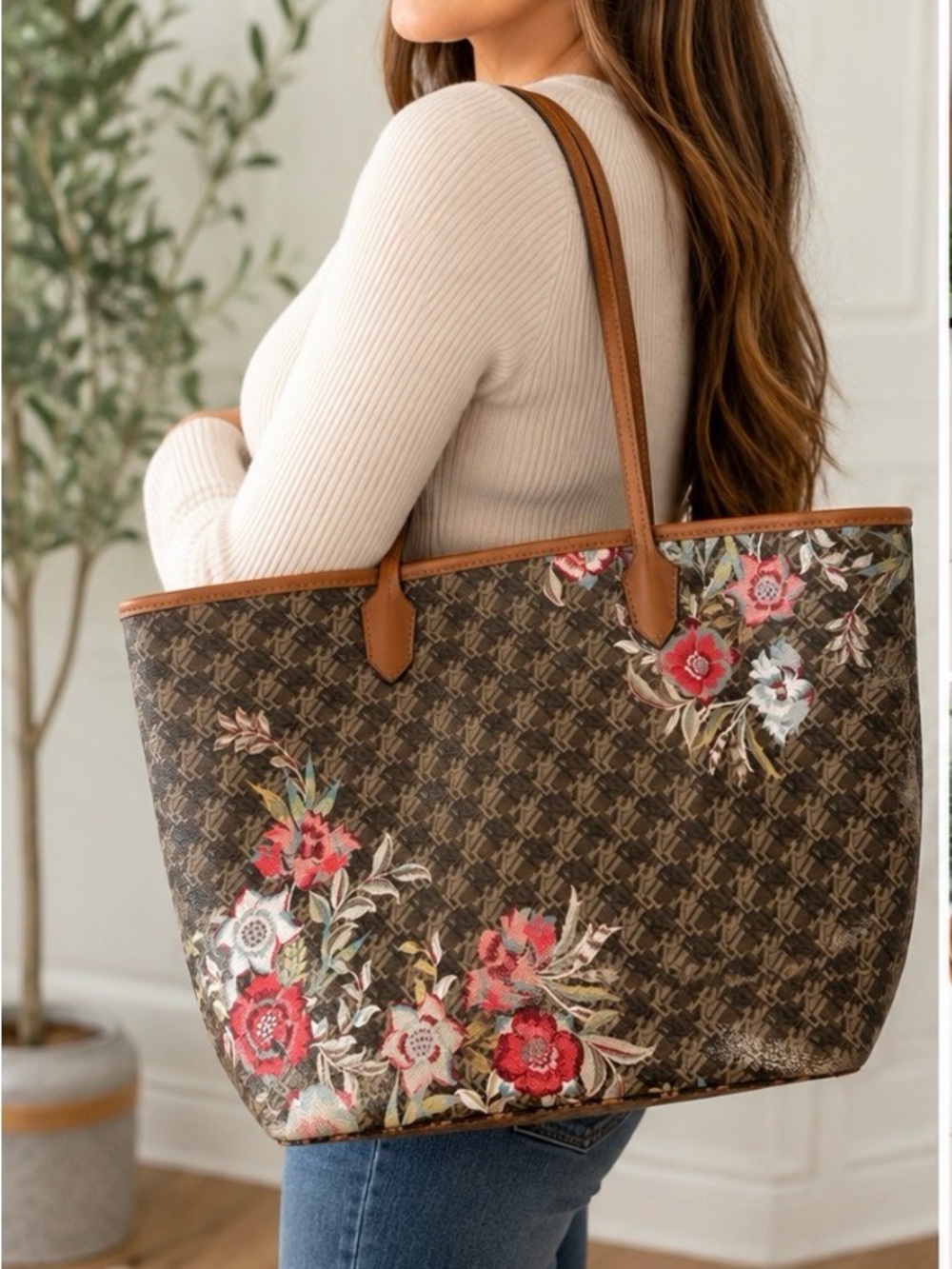 Ralph Lauren Floral Monogram Large Tote Bag Brown - Picture 3 of 6